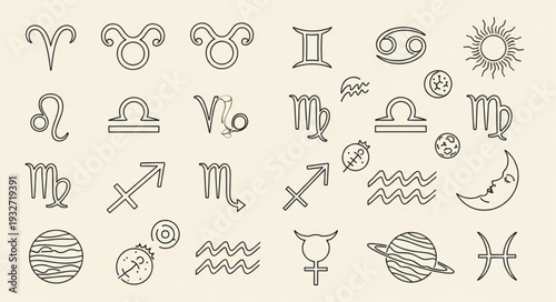 Zodiac Signs Collection - A Detailed Illustration of Astrological Symbols.