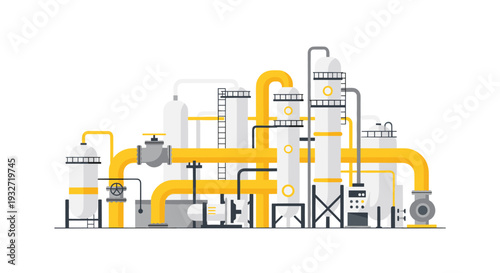Colorful industrial refinery illustration with white structures and yellow pipes.