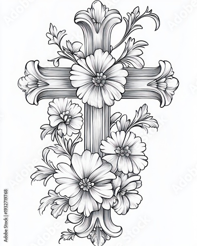 ornate carved cross entwined with blooming daisy-like flowers, delicate black and white line art evoking serenity and peaceful reverence