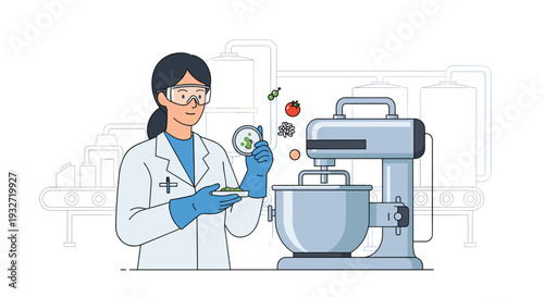 Female scientist in lab coat examining petri dish near a stand mixer.