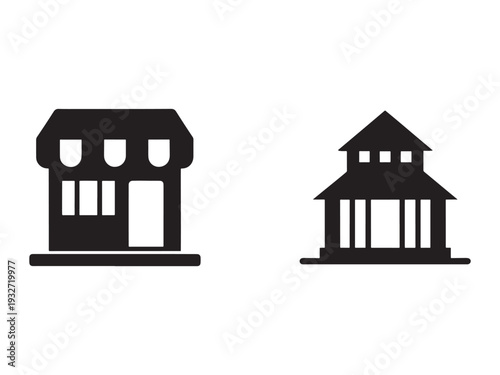 Black silhouettes of two buildings with roofs and windows on white background  architecture icons