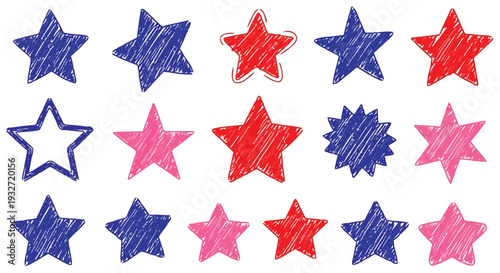 Bright blue and red bold crayon stars graphic pack