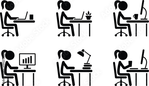 Six different people working on their laptops in various settings and activities