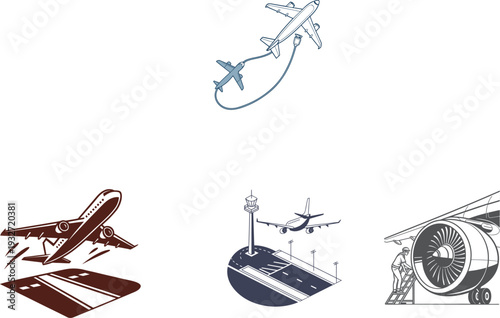Aviation and Airport Icon Set Featuring Plane Takeoff, Maintenance, Control Tower, and Refueling