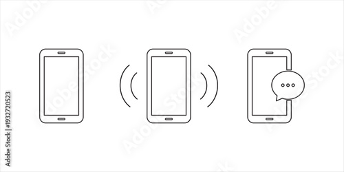 Set of outline mobile phones displaying empty, ringing, and message states on white background