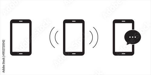 Set of solid mobile phones displaying empty, ringing, and message states on white background