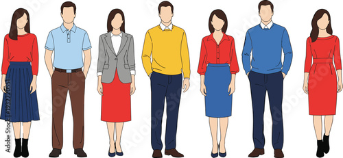 Business casual fashion vector set, men and women in blazer, sweater, polo shirt, blouse, skirt, pants, dress, colorful modern office outfits, flat illustration characters.