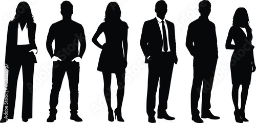 Business people group silhouette vector, diverse men and women in suits, blazers, dresses, formal corporate team standing poses, black professional silhouettes, office staff illustration.