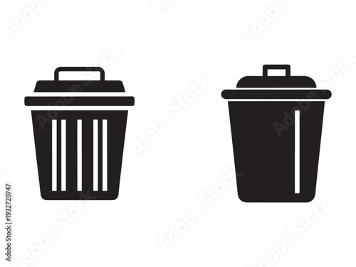 Black trash cans with lids and handles in solid and striped designs  waste bins for disposal