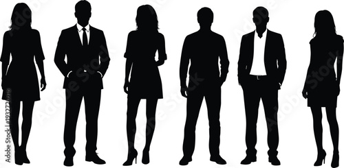 Business team silhouettes, men and women in formal suits standing together, professional corporate group avatars, elegant business people vector illustration
