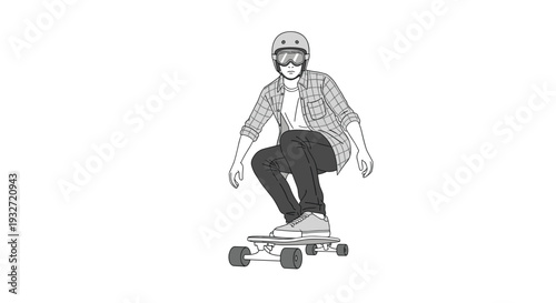 Skateboarder in helmet and plaid shirt on longboard.