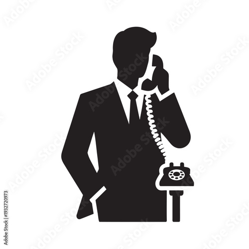 Businessman on the Phone Vector Icon: Classic Professional Communicating via Retro Telephone for Business Calls