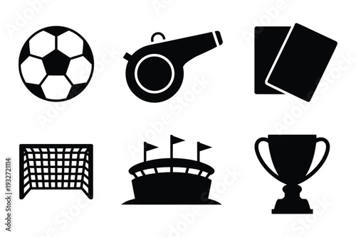 Black Icons Set with Soccer Ball, Whistle, Referee Card, Goal Net, Stadium, and Trophy, Flat Vector Style on Transparent Background