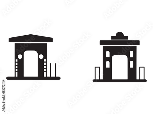 Blackandwhite architectural gate icons with ornate details and flat roofs on white background  simple line style illustrations of gates