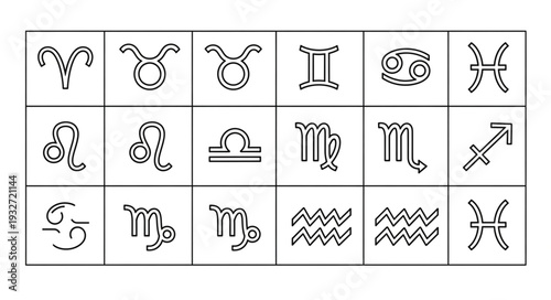 Zodiac signs arranged in a grid, representing astrological concepts and symbolism.