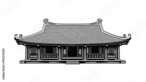 A traditional Chinese building with a tiled roof and ornate details against a clean white background.