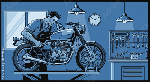 A mechanic carefully repairs a classic motorcycle in a blue-toned garage workshop filled with tools, creating a vintage, nostalgic mood ideal for automotive or repair-themed projects.