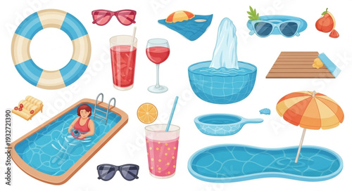 Summer pool party essentials - sunglasses, drinks, and refreshing water elements.