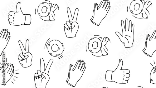 A cheerful seamless pattern featuring various hand drawn hand gestures and positive communication signs in a doodle style