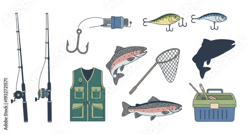 Fishing gear and equipment illustration, perfect for outdoor activities and angling.