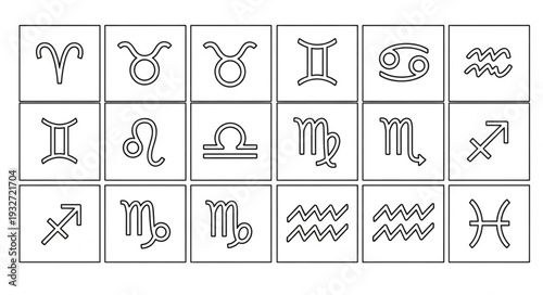 Zodiac signs arranged in a grid, representing astrological concepts and symbolism.
