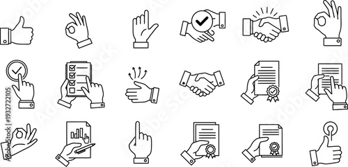 Business communication hand gestures icon set illustrating agreement approval selection and document interaction concepts in modern line art style