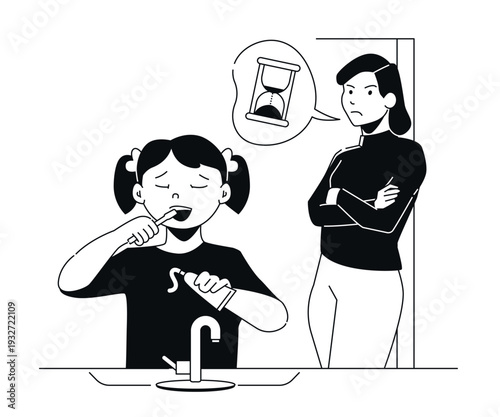 Girl Brushing Too Long - Black and White Flat Design Illustration