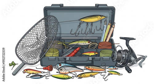 Fishing tackle box with various lures and equipment ready for angling adventures.