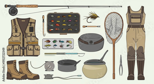 Fly fishing gear assortment showcasing rods, waders, vests, and essential equipment.
