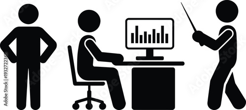 Three individuals collaborating on a business presentation with a bar graph.