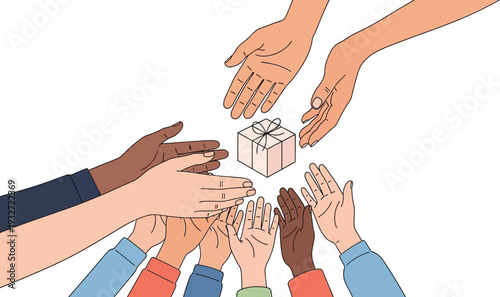 Diverse hands reaching for a gift box, symbolizing sharing, charity, and community support. Flat vector illustration for donation concepts.