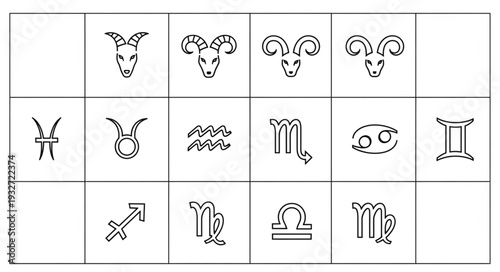 Zodiac signs arranged in a grid, representing astrological symbols and constellations.