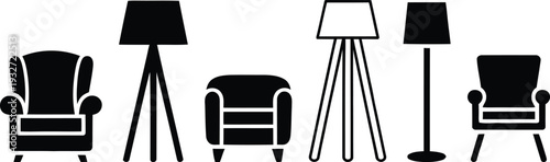 A variety of vintage furniture pieces including armchairs and floor lamps.