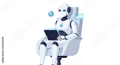 White humanoid robot sits in chair, using tablet with holographic AI interfaces.