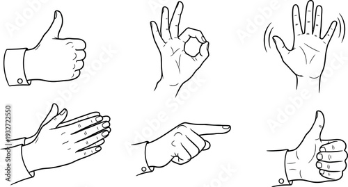 Diverse human hand gestures vector line art collection displaying communication symbols like thumbs up okay waving and pointing