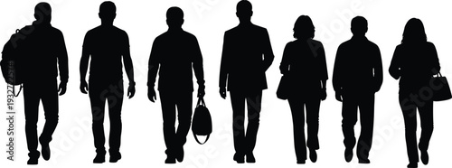 Diverse group of business and casual people walking side profile, backpacks bags suits dresses, black silhouette crowd vector illustration, urban commuters