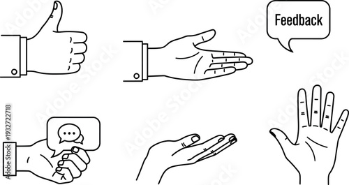 Line art hand gestures collection illustrating business communication and positive interaction concepts in minimalist design style