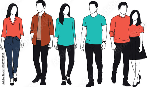 Diverse group of faceless young people in colorful casual outfits standing together, modern flat vector illustration of trendy fashion and friendship