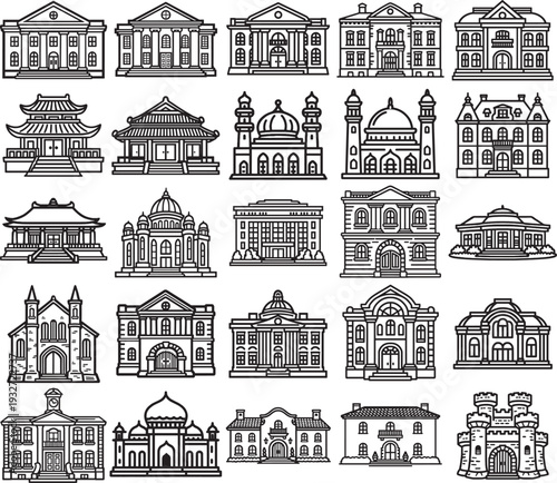 Historic Civic and Traditional Architecture Line Icon Set