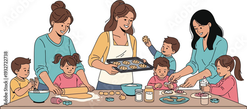 Mothers and children baking cookies together at home, a fun family activity illustration. Flat vector graphic for educational and lifestyle content.