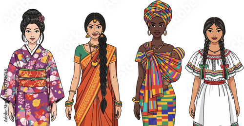 Global cultural diversity illustration set featuring women in traditional clothing from Japan, India, Africa, and Mexico.