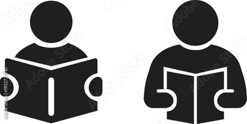 Reading book icons set in black flat styles. Person reading study education knowledge learning library student literacy. Human character vectors educational symbols isolated on transparent background.