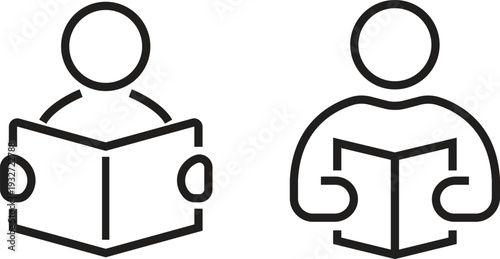 Reading book icons set in black line styles. Person reading study education knowledge learning library student literacy. Human character vectors educational symbols isolated on transparent background.