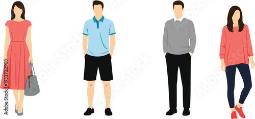 Diverse group of men and women in casual summer and smart outfits, colorful line art fashion figures, standing poses vector illustration, blank faces