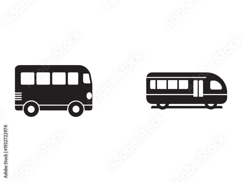 Bus and train transportation icons  public transit vehicles  travel and commuting symbols  urban mobility  road and rail transport