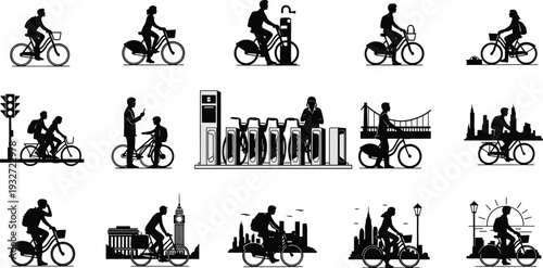 City Cycling Icons - Urban Commute and Bike Sharing Vector Set