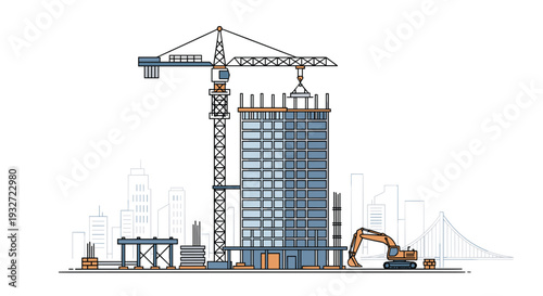 Towering crane lifts building section at construction site with excavator.