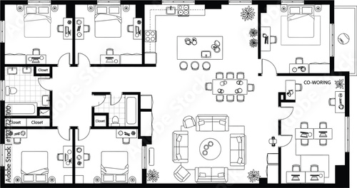 Spacious Apartment Floor Plan - Modern Living with Co-working Space Layout
