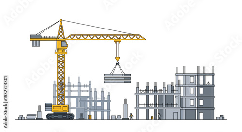 Yellow tower crane lifts concrete slab over construction site with unfinished buildings.