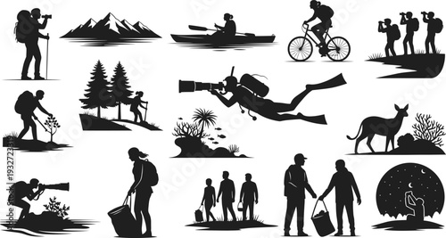 Silhouettes of outdoor activities: hiking, kayaking, cycling, photography, and wildlife observation.